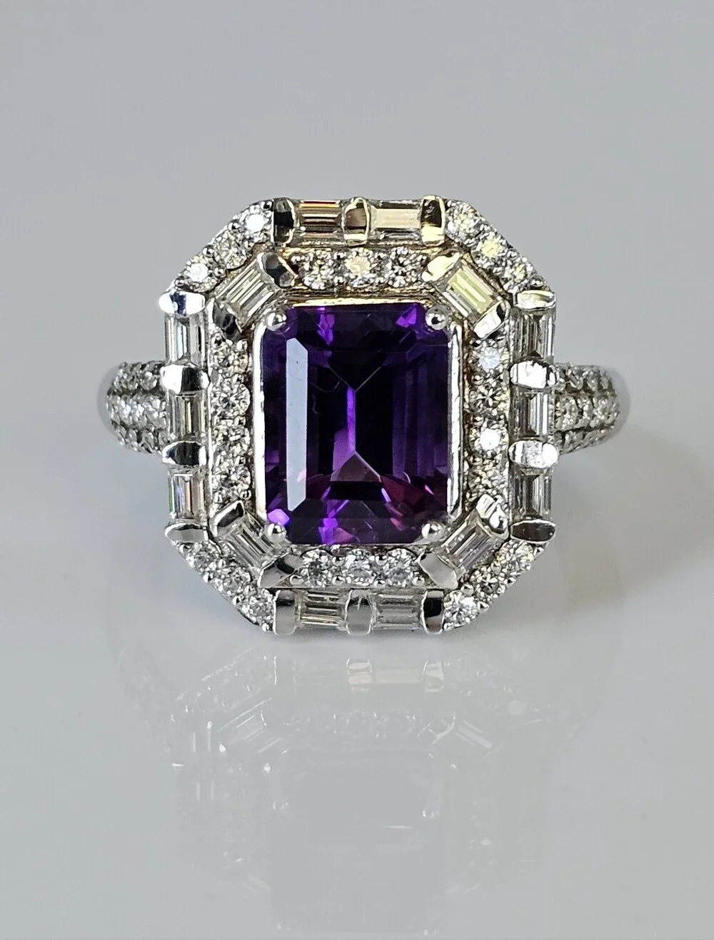 Genuine Amethyst & White Moissanite Ring Sterling Silver Platinum Overlay Sz 7!